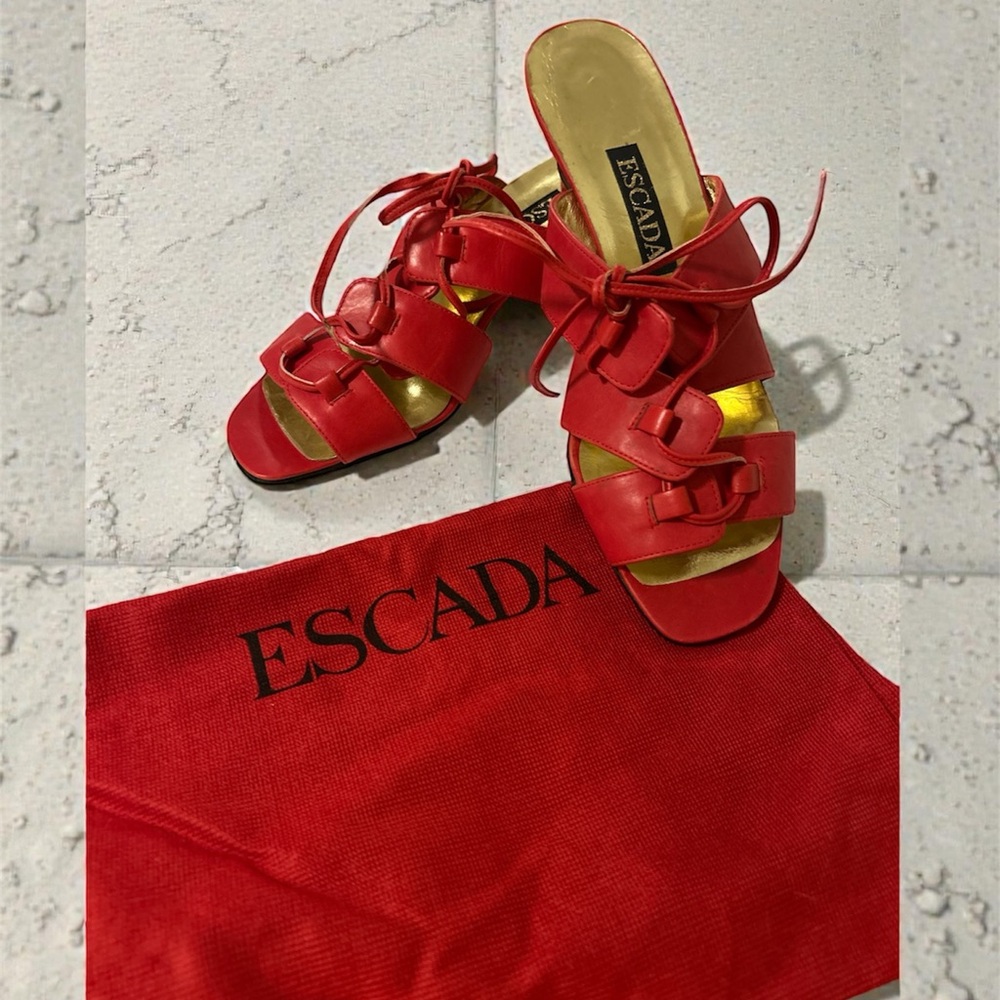 Vintage (1980s) ESCADA Red & Gold Leather Mules with Duster Bag